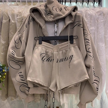 Vintage High Street Hooded Sweatshirt Jacket Shorts Two-Piece Set Women Outfit Shorts Sets Long-Sleeve Jacket Spring Autumn Suit
