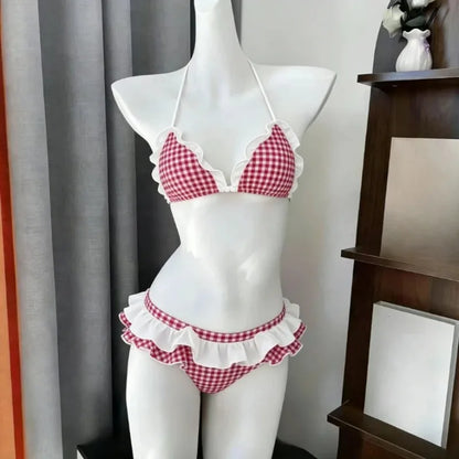 Y2K Korean Cute Two Piece Swimsuit Women Print Ruffle Halter Bikini with Mini Skirt Beach Vacation