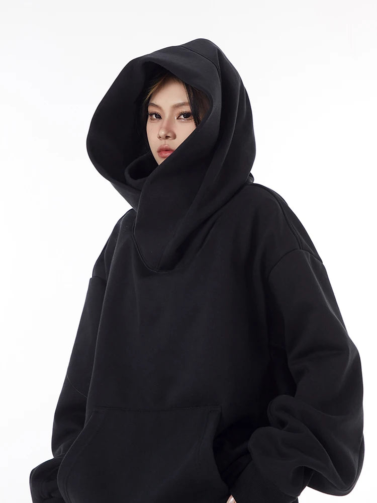 Autumn Solid Color Japanese Ninja Hoodies Men's Turtleneck Vintage Fleece Sweatshirts Hip Hop Y2K Streetwear Oversized Hoodie