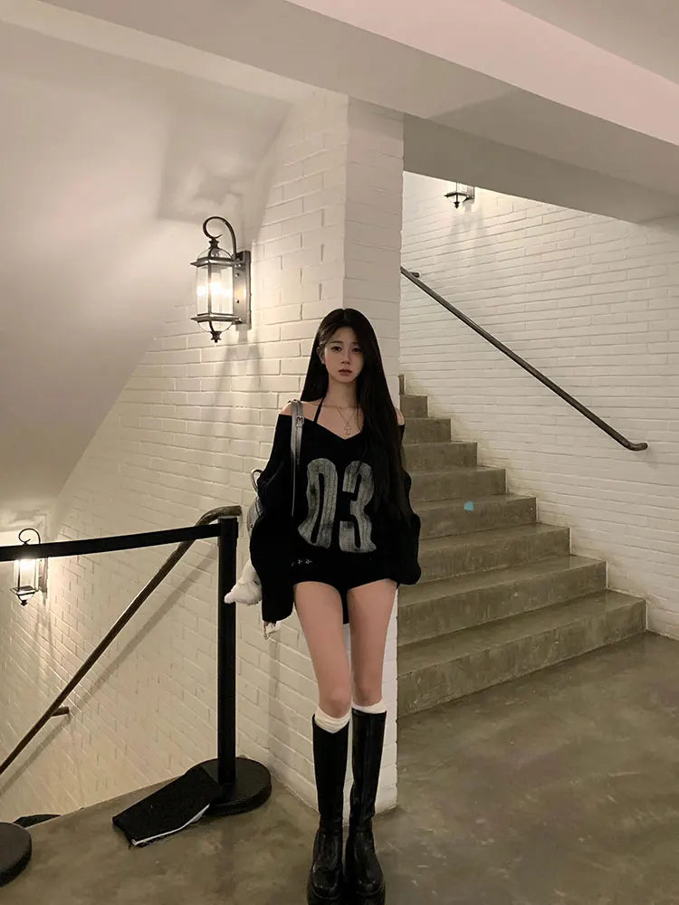 American Retro Spicy Girl Black Off-Shoulder V-Neck Sweater Women's Autumn Winter Loose Lazy Style Knitted Jacket
