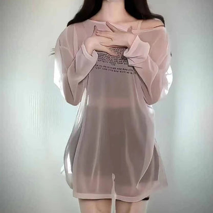 Women's See Through Sexy Tanks Tops Fashion Reversible Sheer Words Printing Hot Girl T-Shirts Loose Summer Longsleeve Clubwear