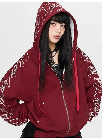 Autumn Winter New Fashion Solid Color Printed Two Piece Set Y2K Trendy Cool Hot Girl Hooded Zipper Hoodie Pants Street Dance Set