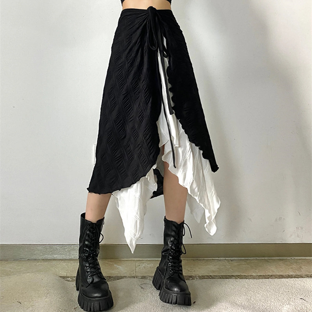 Y2k Mid-Long Skirts Irregular Spliced Streetwear Vintage Design Black White Contrasting High Waisted Asymmetrical Mesh Long Skir