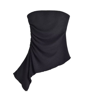 HH Women's Summer Fashion Tops Solid Strapless Sleeveless Backless Fold Decorate Female Sexy Slim Asymmetry Top 3 Color