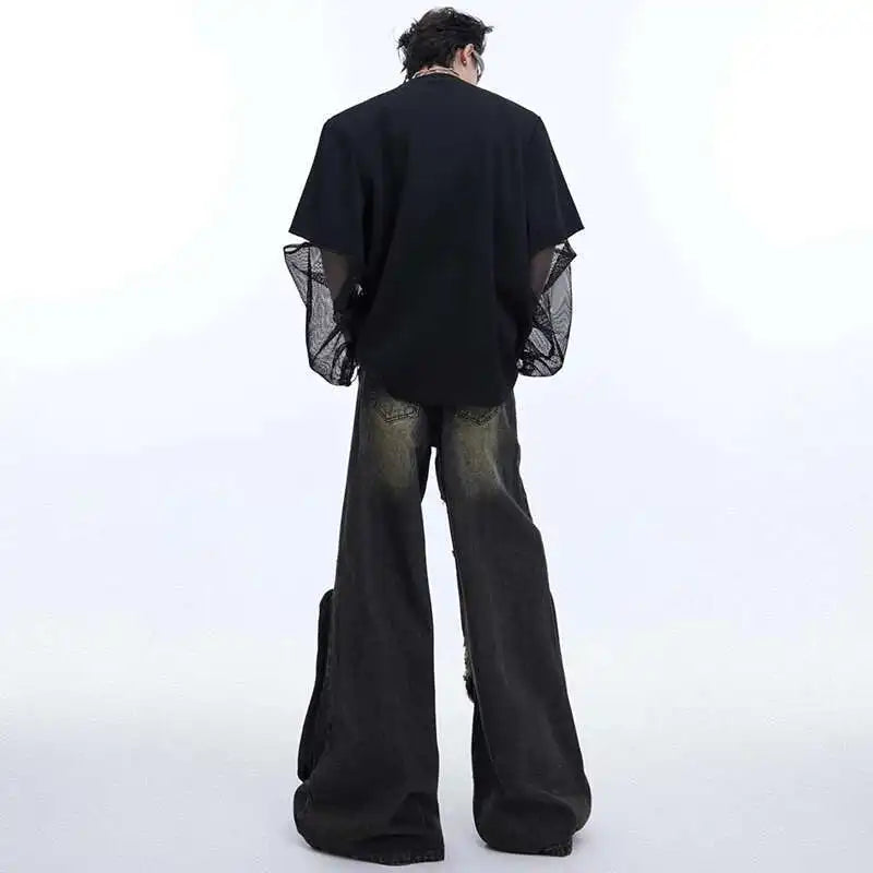 LUZHEN Fashion New Original Gauze Splicing Design Long Sleeve T Shirts Men's 2025 Trendy Niche High Quality Casual Tops LZ3975