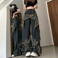 Baggy Jeans for Women Autumn/winter Korean Vintage Design Empty Star Appliqué and Faded Straight-leg Trousers