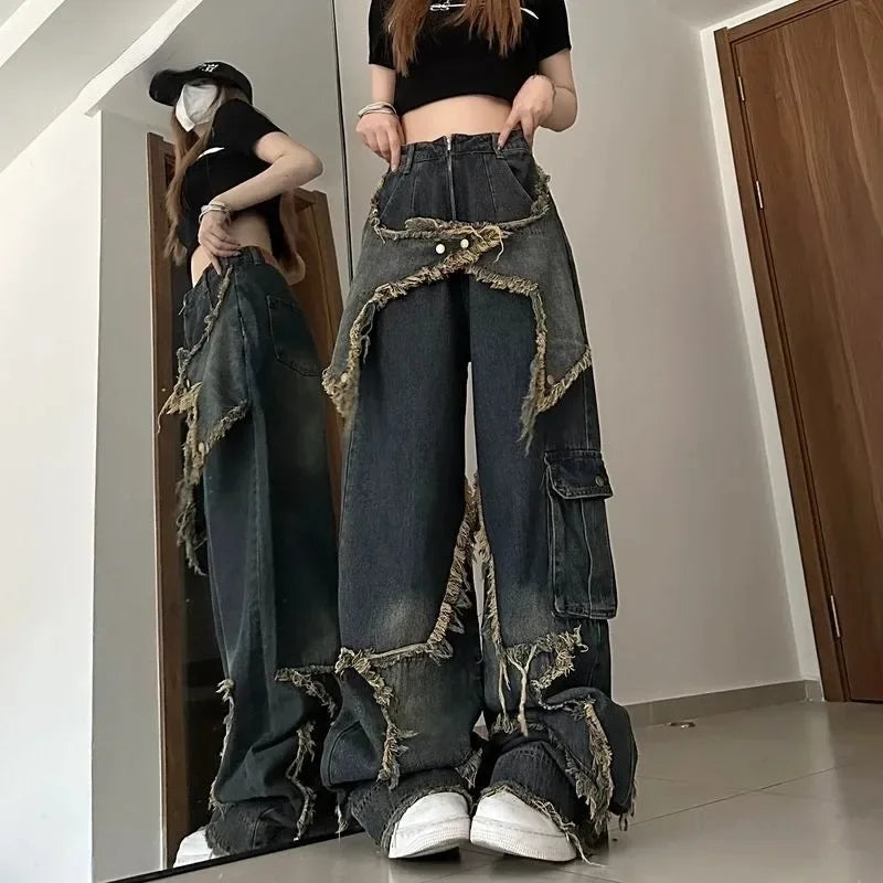Baggy Jeans for Women Autumn/winter Korean Vintage Design Empty Star Appliqué and Faded Straight-leg Trousers