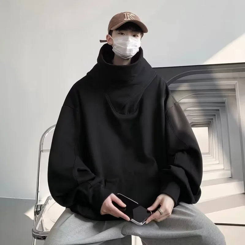 Autumn Solid Color Japanese Ninja Hoodies Men's Turtleneck Vintage Fleece Sweatshirts Hip Hop Y2K Streetwear Oversized Hoodie