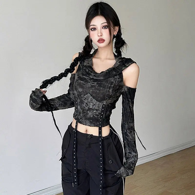 Off Shoulder Long Sleeve Ropa mujer Hooded Roupas Feminina Y2k Streetwear Woman Clothes Crop Tops Sexy Harajuku Camisetas