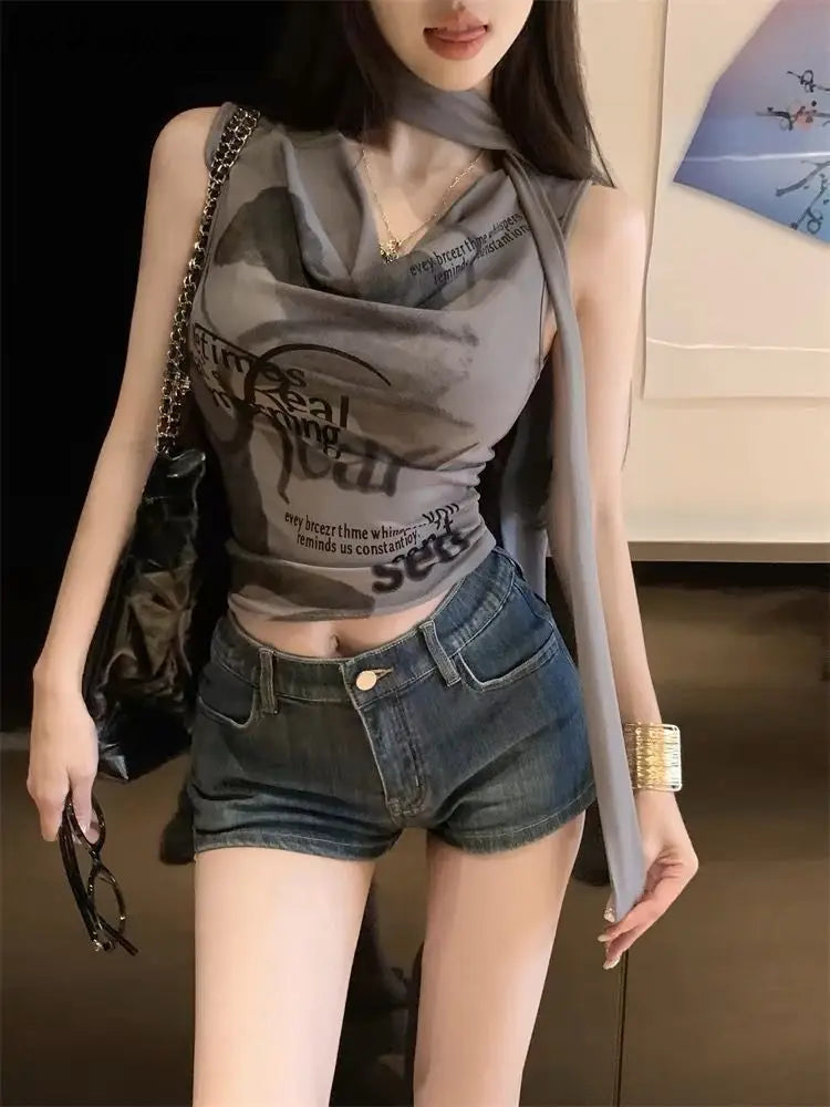 Sexy Tanks 2026 Women's Clothing Sleeveless Print White Camis Ropa Mujer Slim Fit Korean Tees Fashion Summer Vest Crop Tops