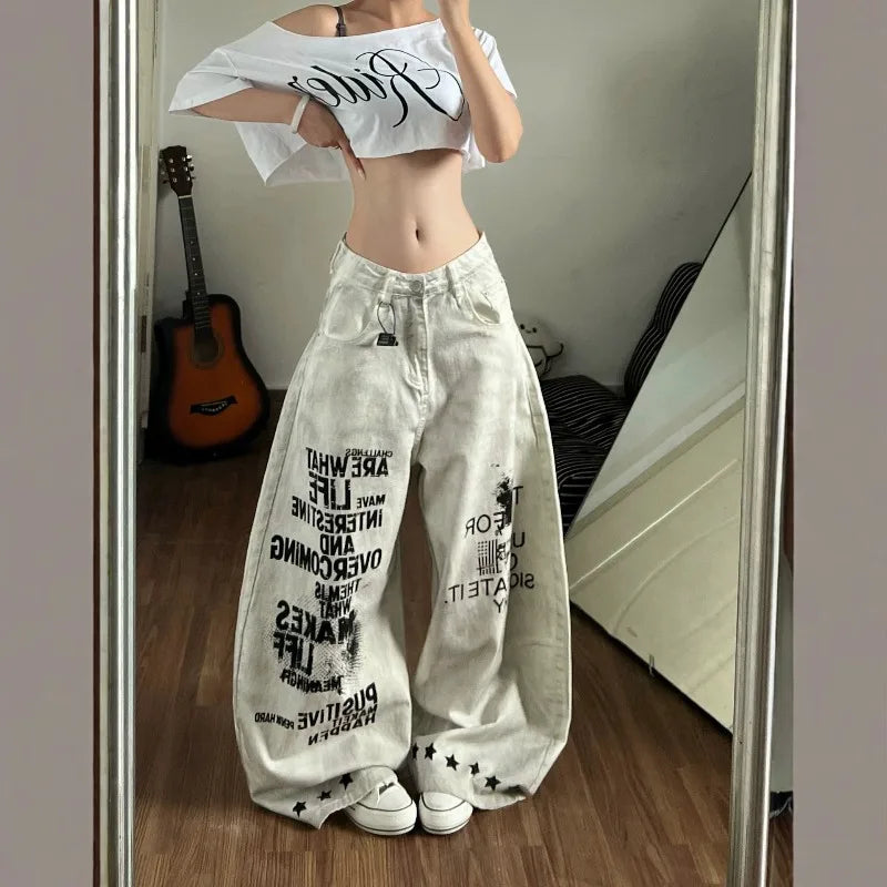 Personalized Graffiti Letter Women's Jeans Heavy Industry Smudge Fashion Spice Style Retro Old Wide Leg Design Loose Trousers