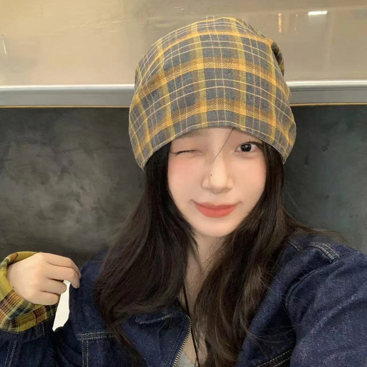 Vintage Plaid Beanies Hat for Women Autumn Spring Double-sided Wear Headscarf Hats Hip Hop Girl Versatile Warm Pullover Cap