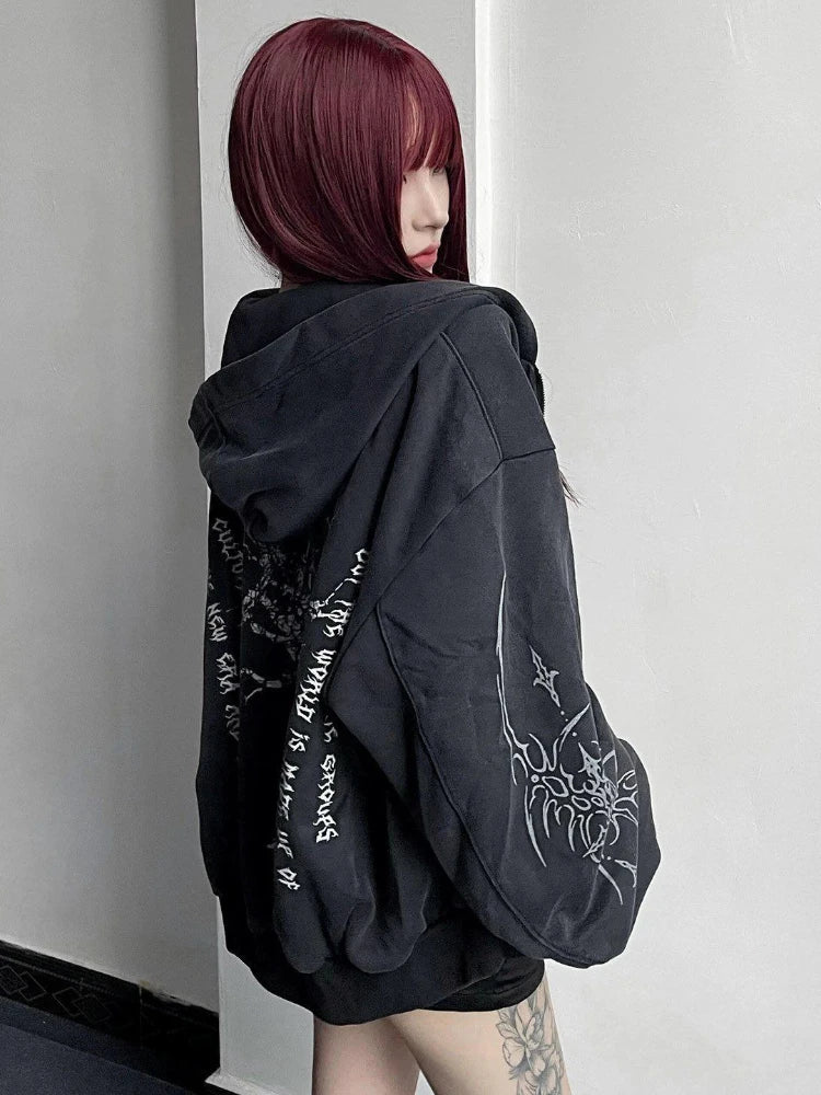 Vintage Distressed Print Hoodie Long Sleeve Slim Women Casual Sweatshirt Streetwear Y2k Retro Zipper 2025 Autumn