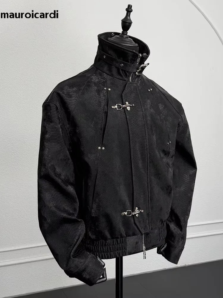 Mauroicardi Spring Autumn Cool Handsome Short Snakeskin Print Pu Leather Jacket Men Zipper Luxury Designer Fashion Clothes 2026