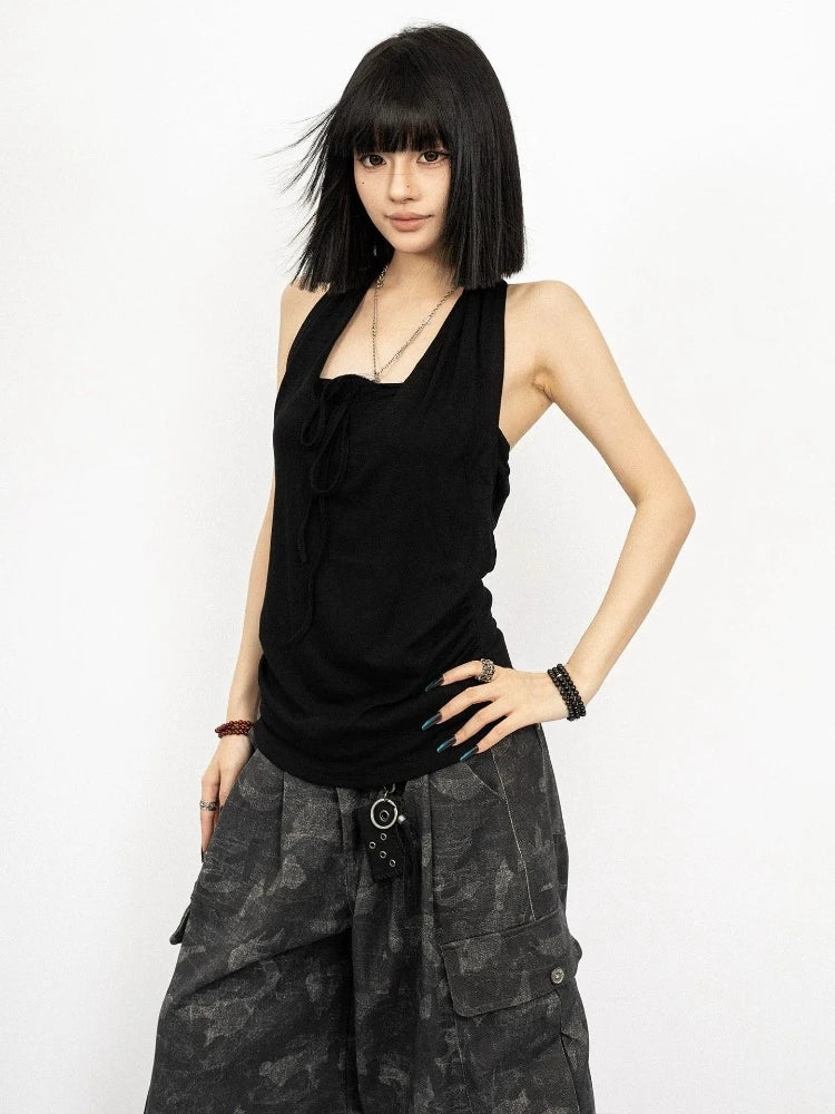 2026 Fake Two Pieces Streetwear Women Tank Top Harajuku Halter Vintage Camisole Summer Sexy Y2k Aesthetic Slim Fit Pleated Vest
