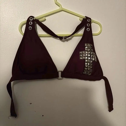 Y2K Dark Retro Personality Fashion Cross Pattern Beach Wind Hot Girl Rivet Metal Decoration Hanging Neck Sexy Bikini.