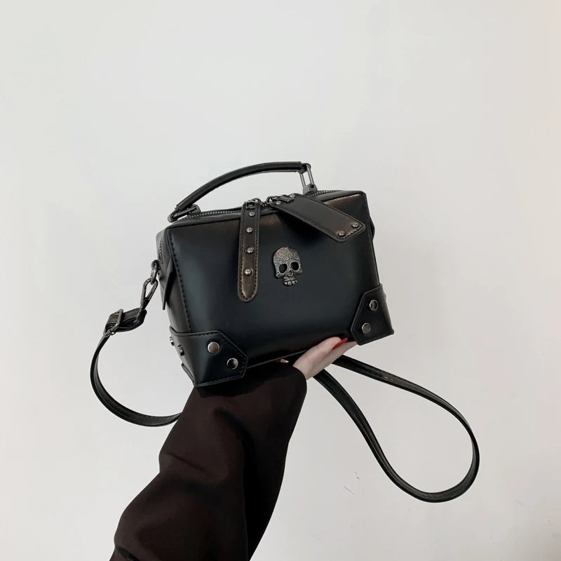Women Gothic Punk Square Small Crossbody Handbag with Top Handle Skull Crosses Chain PU Leather Shoulder Bag Purse