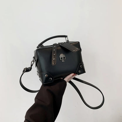 Women Gothic Punk Square Small Crossbody Handbag with Top Handle Skull Crosses Chain PU Leather Shoulder Bag Purse