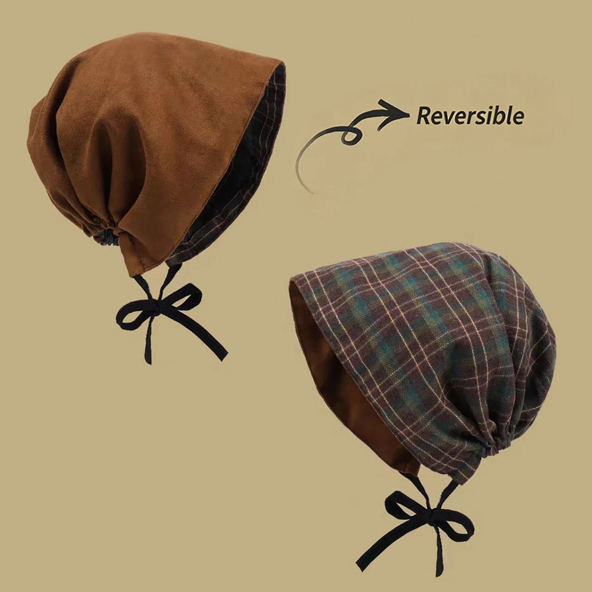 Vintage Plaid Beanies Hat for Women Autumn Spring Double-sided Wear Headscarf Hats Hip Hop Girl Versatile Warm Pullover Cap