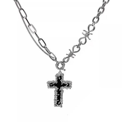 Unisex Gothic Punk Cross Barbed Thorns Pendant Chain Choker Necklace Hip-Hop Grunge Y2K Style Jewelry for Women and Men