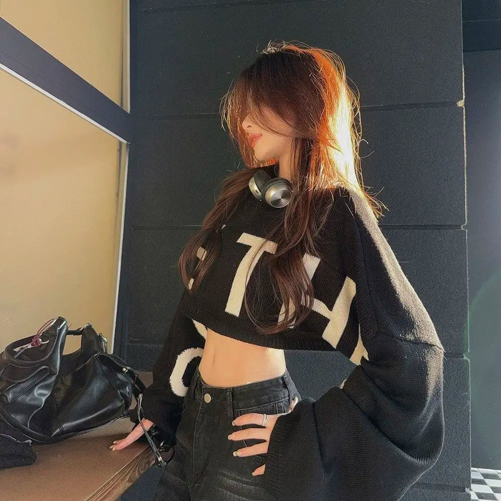 Letter Print Cropped Sweater Pullover Loose Fit Cropped Oversized Batwing Sleeve Knitted Sweater Y2k Tops Autumn Outfit Jumpers
