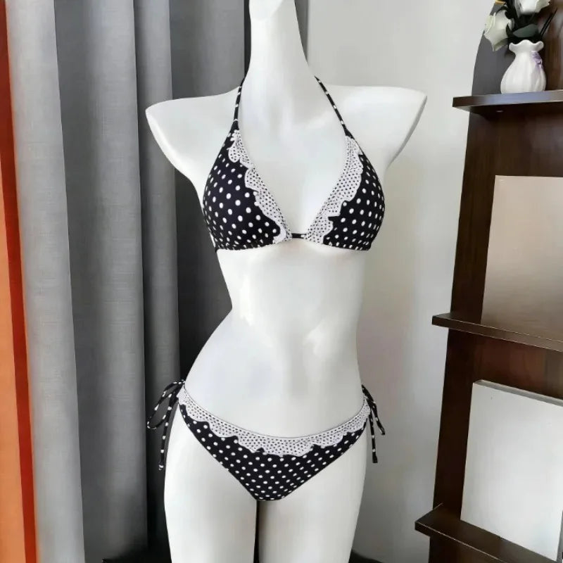 Y2K Korean Cute Two Piece Swimsuit Women Print Ruffle Halter Bikini with Mini Skirt Beach Vacation