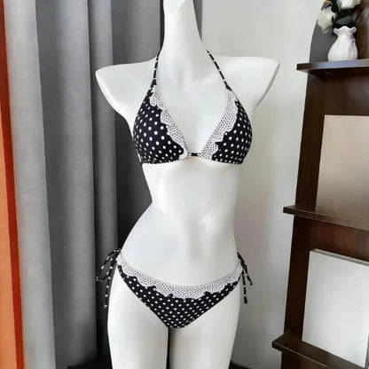 Y2K Korean Cute Two Piece Swimsuit Women Print Ruffle Halter Bikini with Mini Skirt Beach Vacation