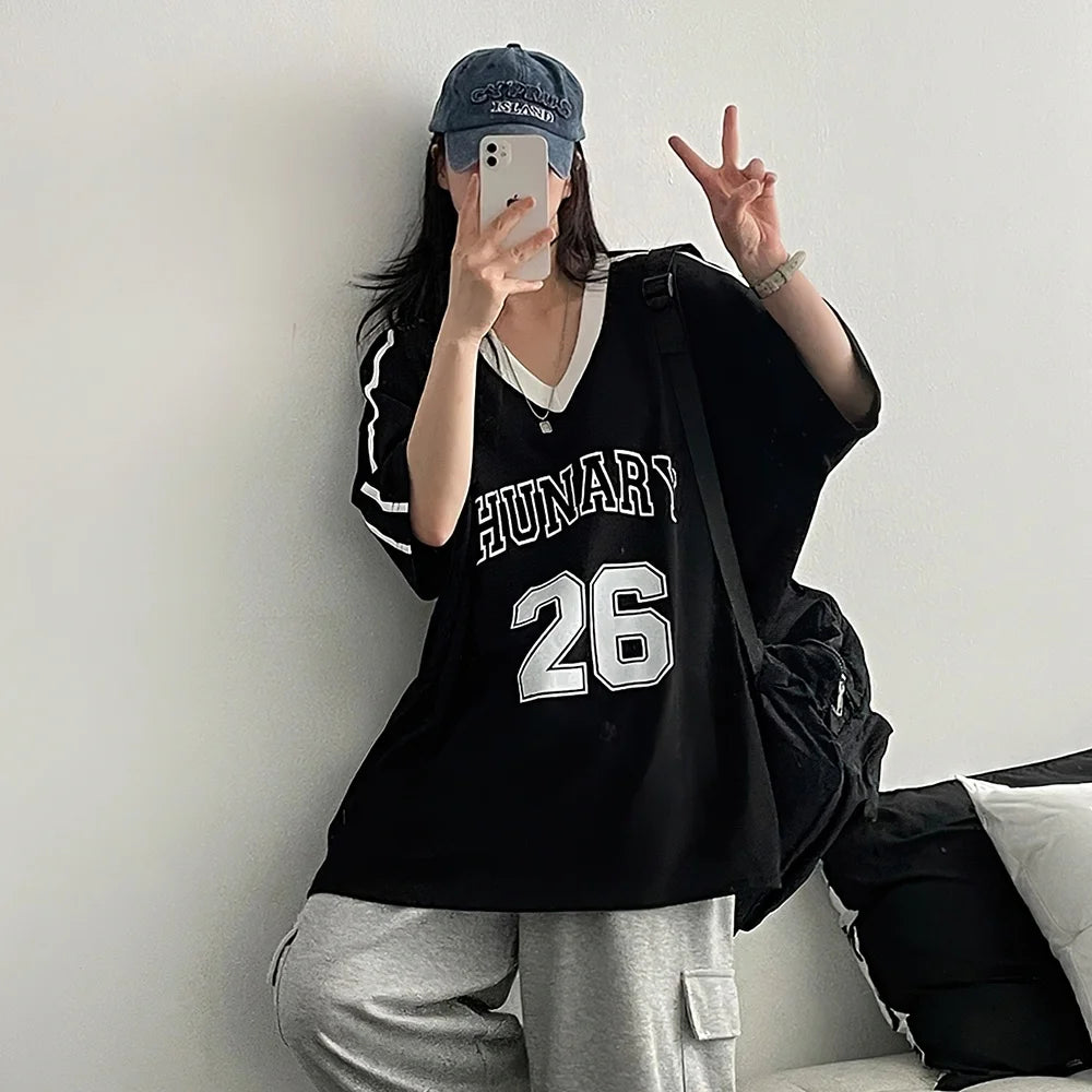 New Trendy Short Sleeved Loose Sports Top Women Fully Matched with Street Retro Sports T-shirt V-neck Comfortable Tops Tee