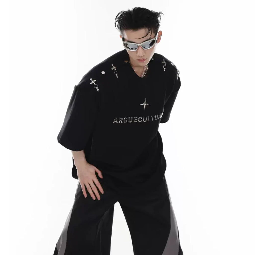 Deconstructive Design Metal Buckle Patchwork High Street Casual T Shirt Summer Man Techwear Style Short Sleeve Tops