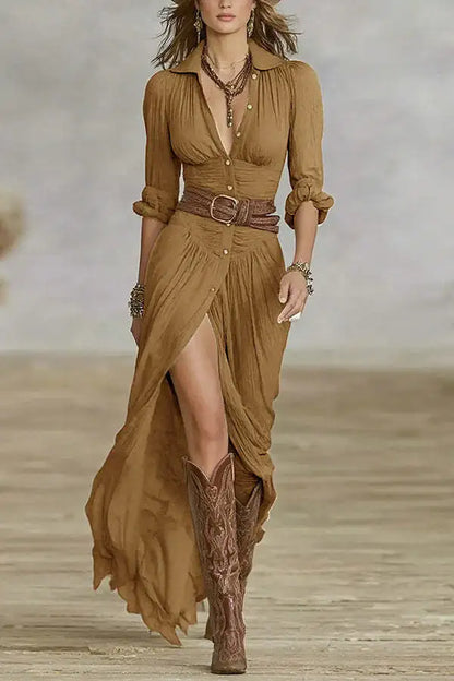 Women's Fall 2026 Sexy Solid Color Irregular Pleated Belted Dress