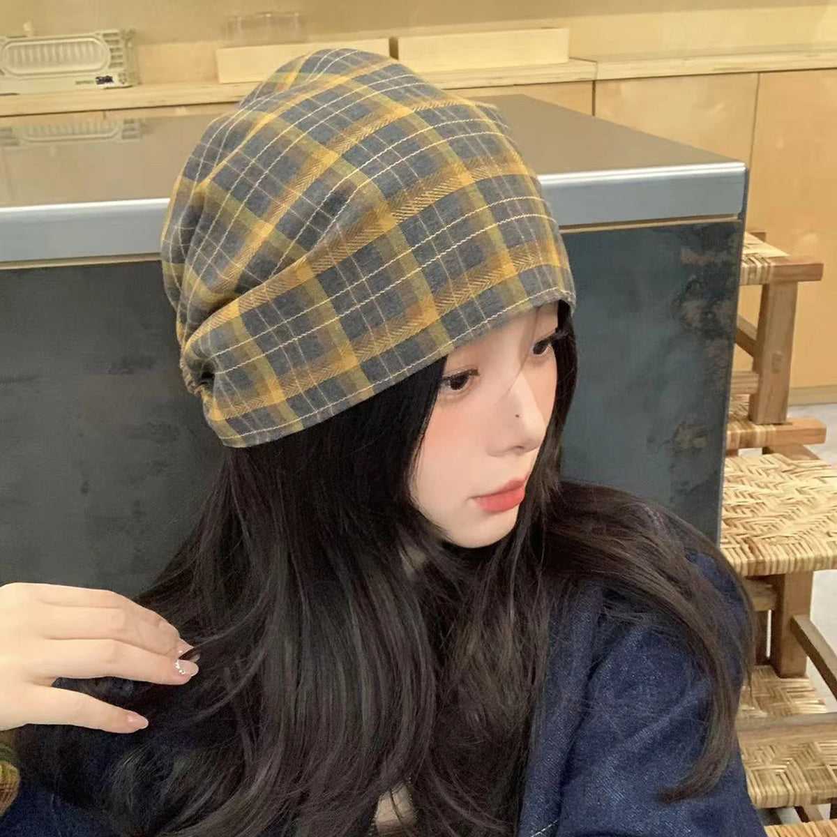 Vintage Plaid Beanies Hat for Women Autumn Spring Double-sided Wear Headscarf Hats Hip Hop Girl Versatile Warm Pullover Cap