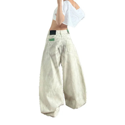 Personalized Graffiti Letter Women's Jeans Heavy Industry Smudge Fashion Spice Style Retro Old Wide Leg Design Loose Trousers