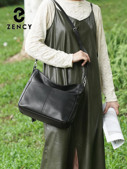 Zency Elegant Beige Tassel Hobo Bag Soft Leather Women's Shoulder Bag 2025 New Handbag Long Strap Crossbody 8 Color Shopper