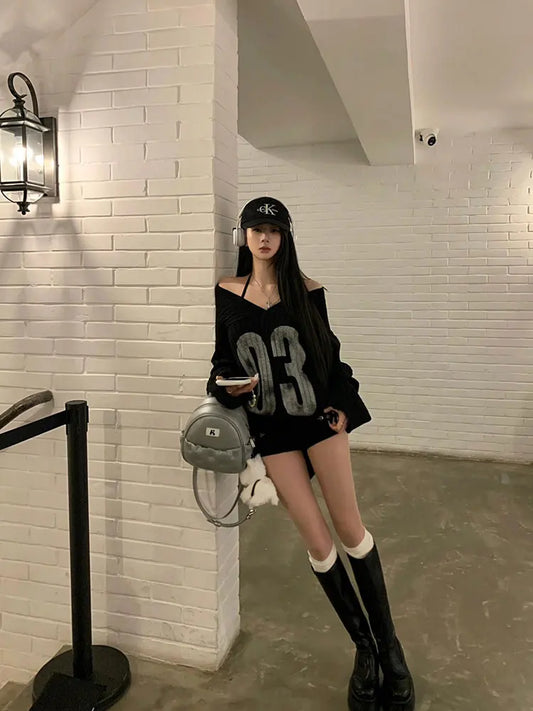 American Retro Spicy Girl Black Off-Shoulder V-Neck Sweater Women's Autumn Winter Loose Lazy Style Knitted Jacket