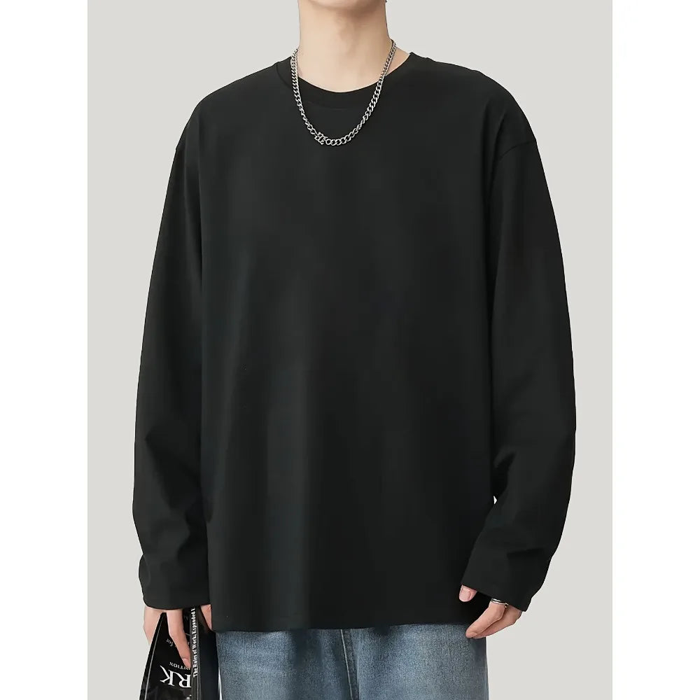 Men's Heavyweight Cotton Long Sleeved T-shirt Solid Color Casual Spring and Autumn New Style Suitable for Both Men and Women