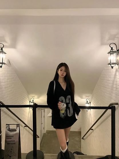 American Retro Spicy Girl Black Off-Shoulder V-Neck Sweater Women's Autumn Winter Loose Lazy Style Knitted Jacket