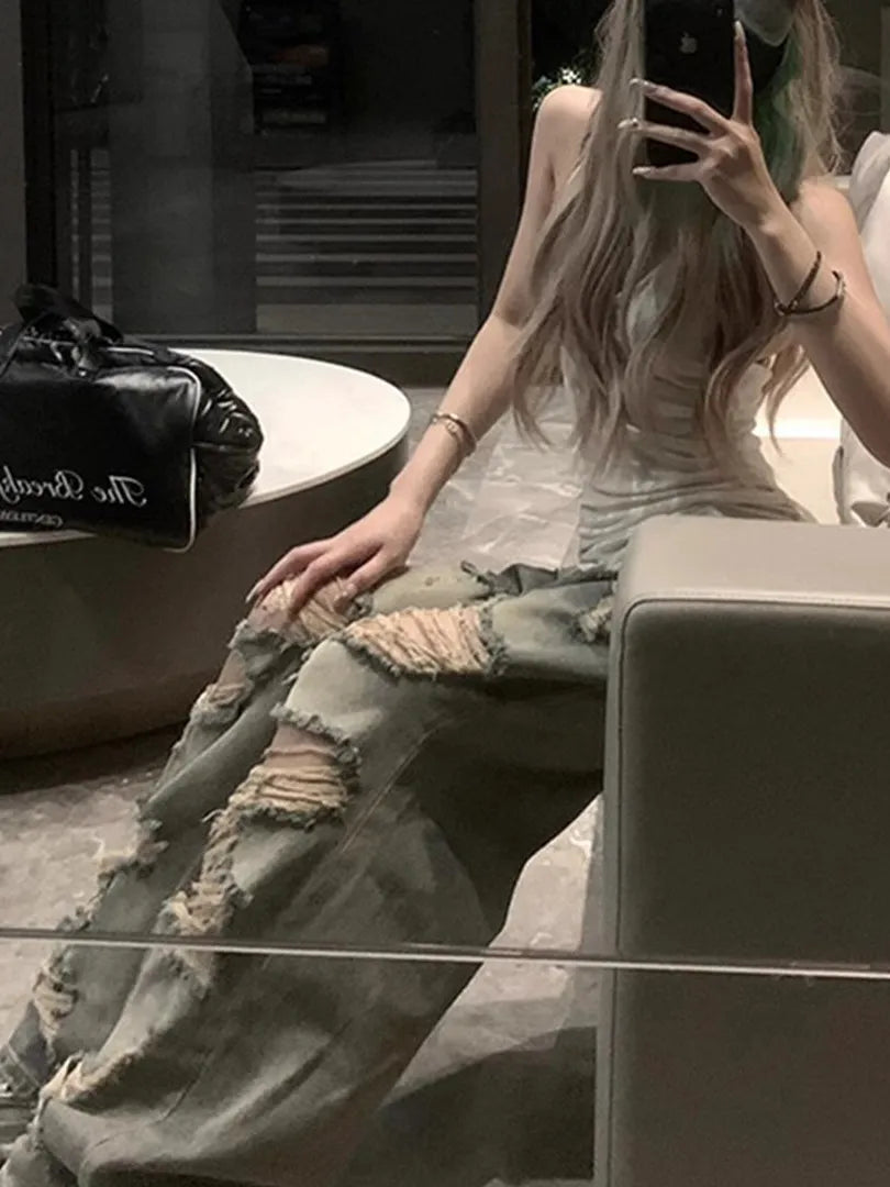 Retro Men's And Women's Summer Loose Straight Leg Jeans High Waist Distressed Vintage Style Casual High Waist Denim Pants