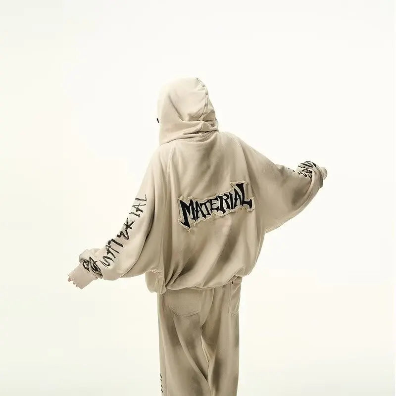 Retro American Heavyweight Faded Zipper Hoodie Set Sporty Two-Piece Suit for Men And Women Casual Cotton Polyester Blend