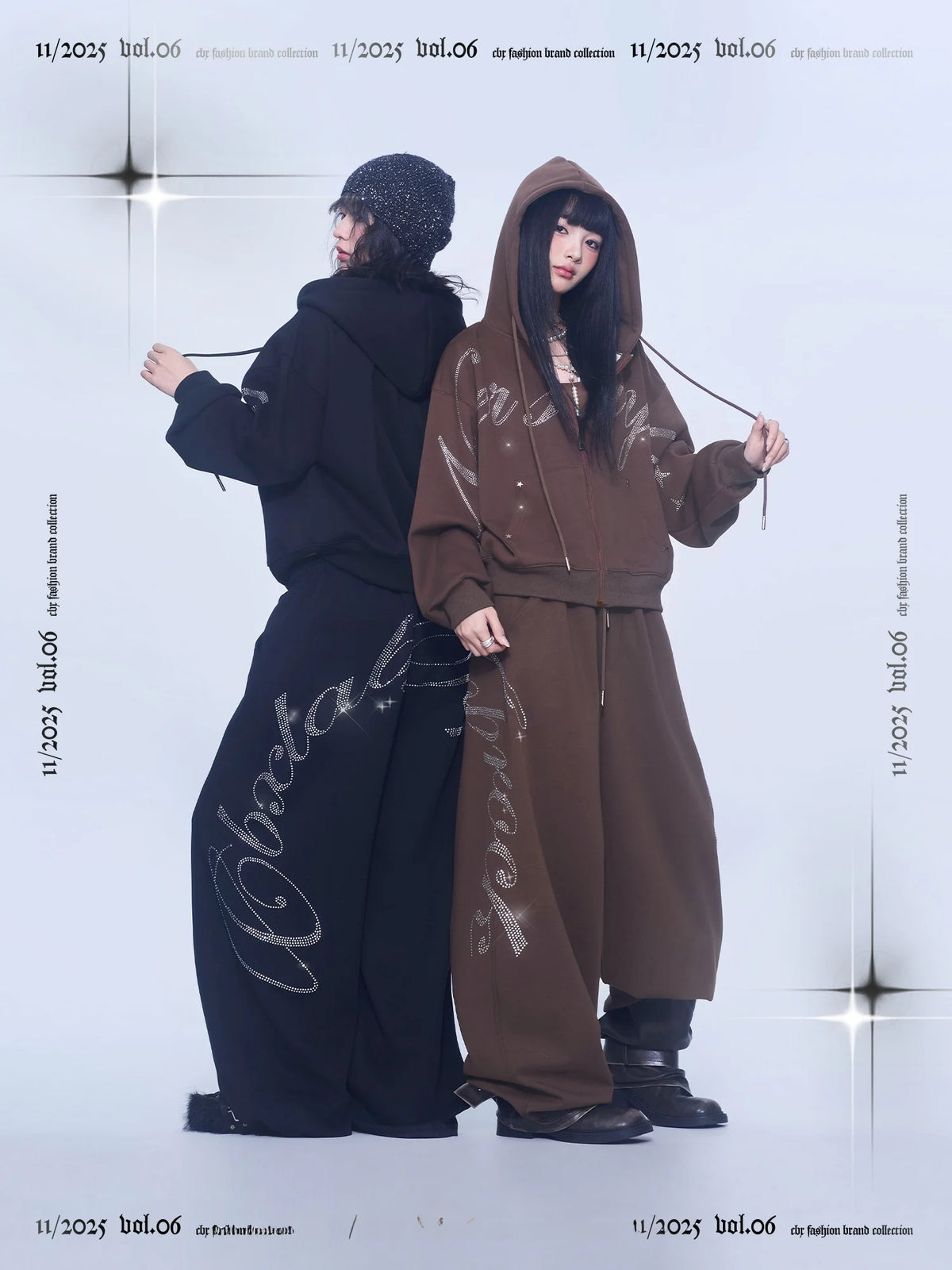 CBXLAB Street Dance Trendy Brand Glitter Heart Rhinestone Set Autumn Winter Fleece Lined Hooded Jacket Hip Hop Pants