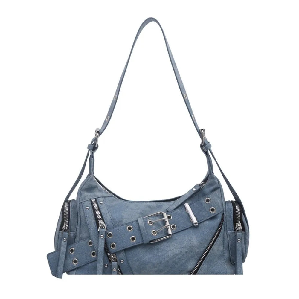 PU Leather Crossbody Shoulder Bag Large Capacity Belt Buckle Design Tote Bag for Women Lightweight Chic Hot Girl Motorcycle Bag