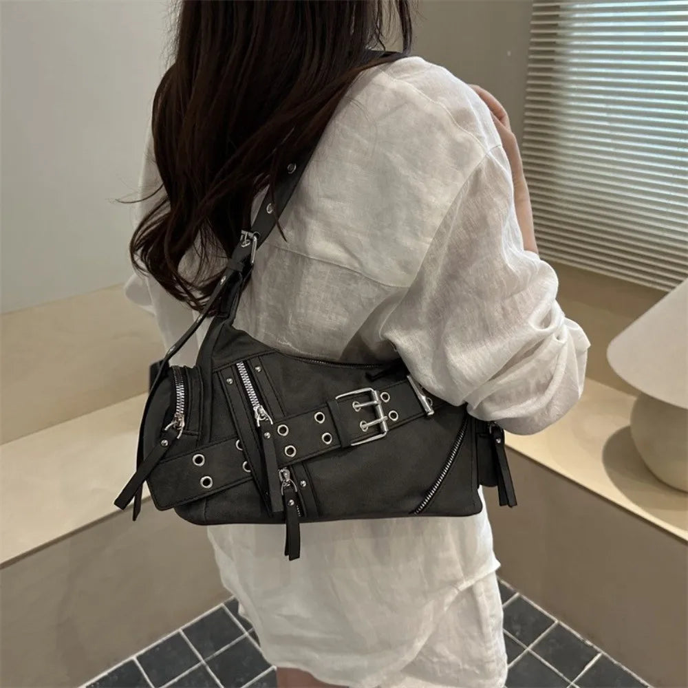 PU Leather Crossbody Shoulder Bag Large Capacity Belt Buckle Design Tote Bag for Women Lightweight Chic Hot Girl Motorcycle Bag