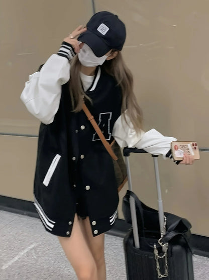Women Bomber Jackets 2025 Fall Winter Fashion Baseball Uniform Oversize Coats Student Couple Harajuku Loose Jacket Streetwear