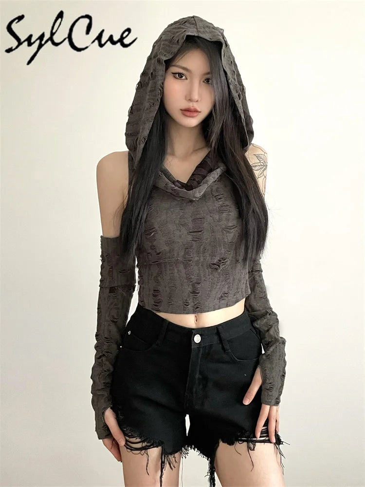 Sylcue Solid Color Vintage Distressed Simple All-Match Fashionable Cool Cool Summer Travel Free Women's Knitted Hooded Top