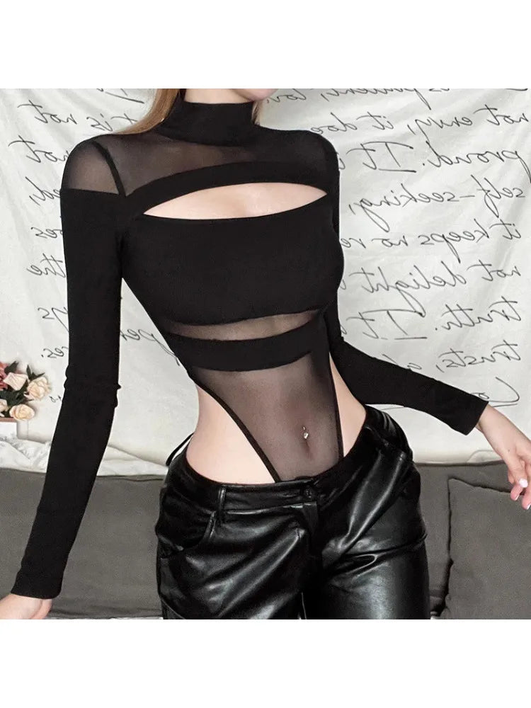 2024 New Dark Y2k Punk Hollow Out Sheer Sexy Bodysuits Cyber Gothic Patchwork Mock Neck Tops Bodycon Female Long Sleeve Bodysuit