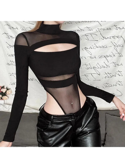 2024 New Dark Y2k Punk Hollow Out Sheer Sexy Bodysuits Cyber Gothic Patchwork Mock Neck Tops Bodycon Female Long Sleeve Bodysuit