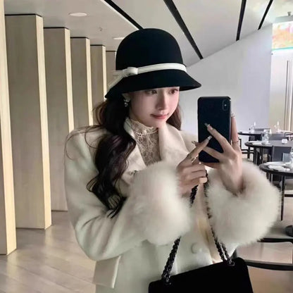 Retro Hepburnesque Felt Formal Hat Wealthy Heiress Style British Style Bowknot Bucket Hat Panama Cap Autumn