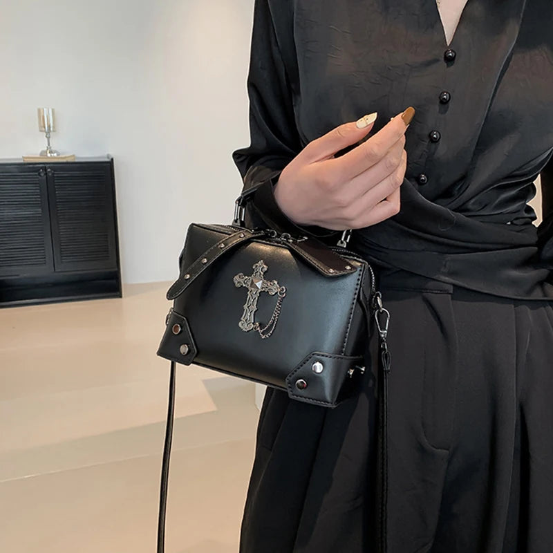 Women Gothic Punk Square Small Crossbody Handbag with Top Handle Skull Crosses Chain PU Leather Shoulder Bag Purse