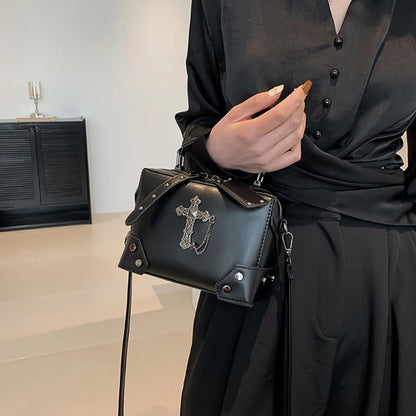Women Gothic Punk Square Small Crossbody Handbag with Top Handle Skull Crosses Chain PU Leather Shoulder Bag Purse