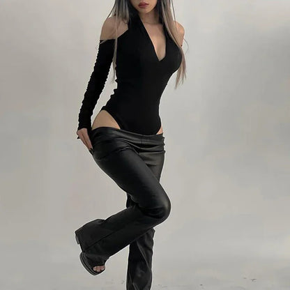2025 Summer Female T-Shirts Long Sleeve T-Shirts Women Sexy Black Halter Backless Tops New Trendy Girls Designer Ruched Clothes