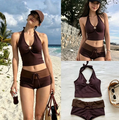 Y2K Korean Cute Two Piece Swimsuit Women Print Ruffle Halter Bikini with Mini Skirt Beach Vacation
